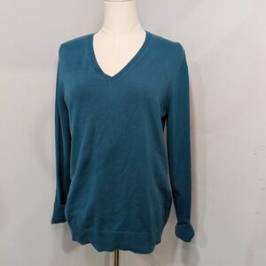 Lands' End Teal V-Neck Sweater‎ Size Medium Long Sleeve Classic Knit Comfort Top